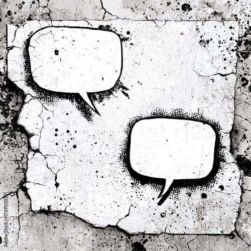 Vetor de balões de fala em branco sobre fundo de parede texturizado e rachado