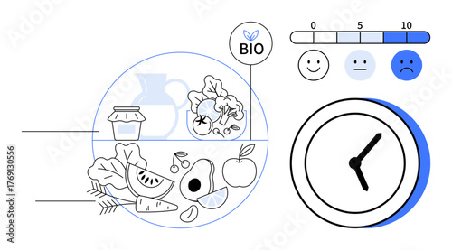 Fruits, vegetables, and organic food labeled Bio paired with a clock and mood scale. Ideal for nutrition, wellness, sustainability, time planning, mental health, healthy living simple flat metaphor