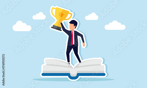 Businessman holding a trophy standing on an open book illustration of the importance of literacy in business to become a leading company