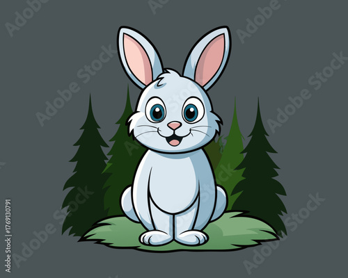 Cute cartoon white rabbit sitting on grass with trees silhouette isolated on white background