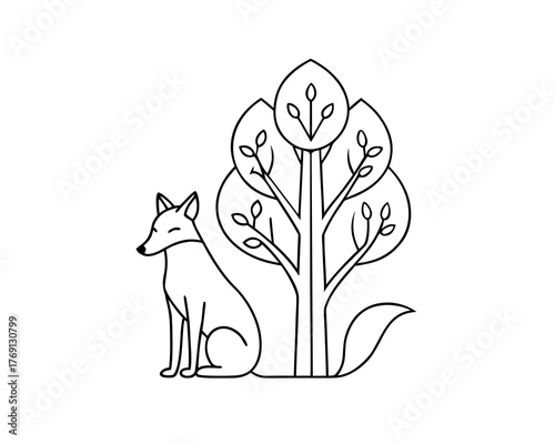 Stylized fox sitting next to a tree silhouette isolated on white background