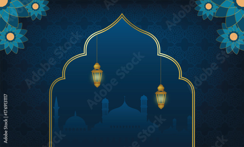 Islamic greetings design template background with beautiful lanterns and mosque