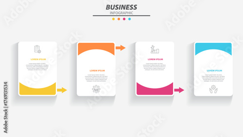 Business Infographic Timeline with Four Rectangular Step Cards and Modern Line Icons