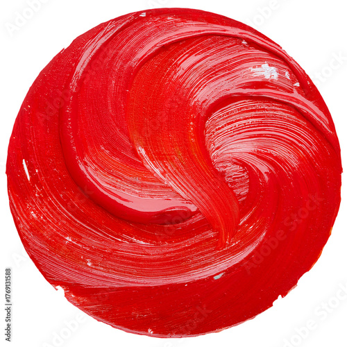 A circle painted with intense red paint. Geometry, shape, element, texture. Glossy surface. On a transparent background.