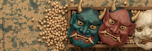 Traditional japanese setsubun masks and roasted soybeans celebrating bean throwing festival