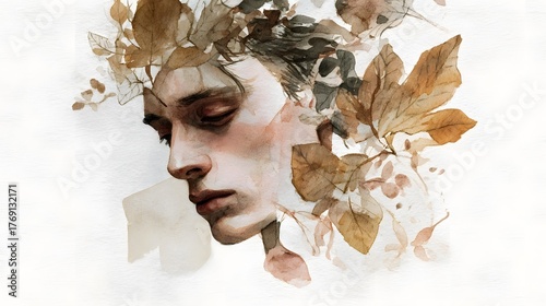 A captivating watercolor illust n depicting the serene profile of a woman with delicate flowers and autumn leaves enveloping her face creating a contemplative and ethereal mood