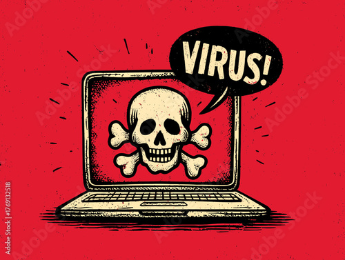 Vetor de computador com caveira e ossos cruzados na tela, representando perigo de vírus cibernético.