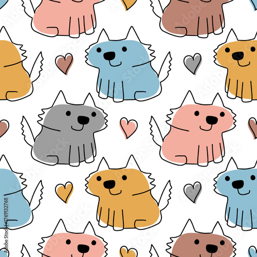 Seamless pattern with cute funny puppies. Handdrawn smiling terrier dogs. Vector repeating ornament