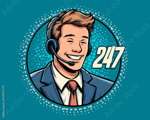 Vetor de homem sorridente com fone de ouvido, representando atendimento ao cliente 24/7.