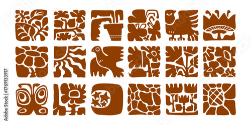 Brown boho tiles with organic motifs in square frames - leaves, birds and flowers for decorative stamps or backgrounds. Folk art with nature cutout silhouettes, sun elements and geometric designs.