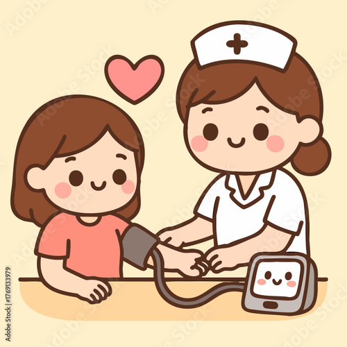 Woman checking her blood pressure kawaii style illustration 3