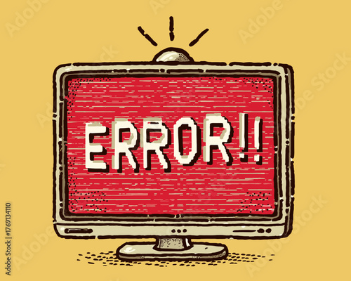 Vetor de tela de computador com mensagem de erro piscando em vermelho e linhas de ruído digital.