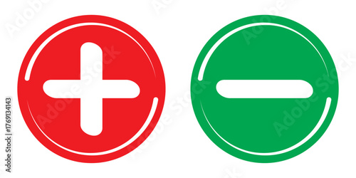 Green plus and Red minus symbols, Positive an negative solid thin line vector signs. Mathematical symbols, add, subtract, right and wrong, pros and cons. Vector Illustration.
