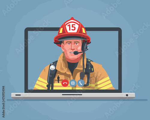 Bombeiro em capacete de segurança aparece em tela de laptop com ícones de videoconferência em plano de fundo azul