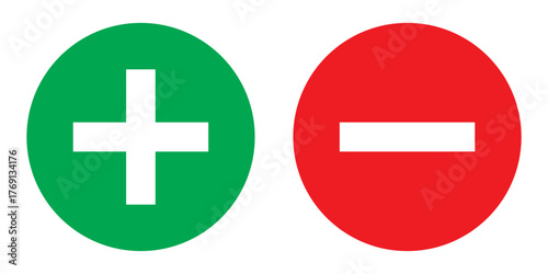Green plus and Red minus symbols, Positive an negative solid thin line vector signs. Mathematical symbols, add, subtract, right and wrong, pros and cons. Vector Illustration.