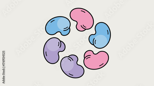 Circular arrangement of six cartoon beans in blue pink and purple on a cream colored background