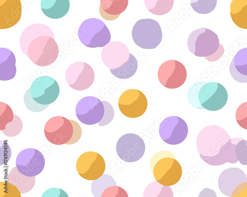Vetor de fundo com bolinhas coloridas e translúcidas em tons pastel, padrão abstrato e divertido.