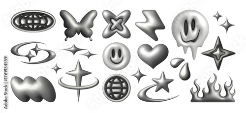 Chrome y2k 3d object collection with metallic butterfly, melting smiling face, heart shape and star elements for retro aesthetic design. Grid spheres, flames and cloud forms in silver gradient style.