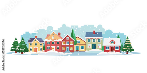 Vector illustration of a Christmas small town houses trees and snowing winter scene . Download includes vector eps and high resolution jp