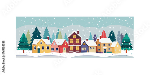 Vector illustration of a Christmas small town houses trees and snowing winter scene . Download includes vector eps and high resolution jp