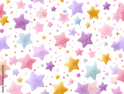 Padrão de estrelas coloridas em aquarela com pontos espalhados, fundo abstrato e festivo.