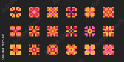 Pixel art flower icons in y2k style with vibrant 8 bit game aesthetic. Geometric blossom designs in orange, pink and yellow squares mosaic. Retro plant motifs for nostalgic digital interface