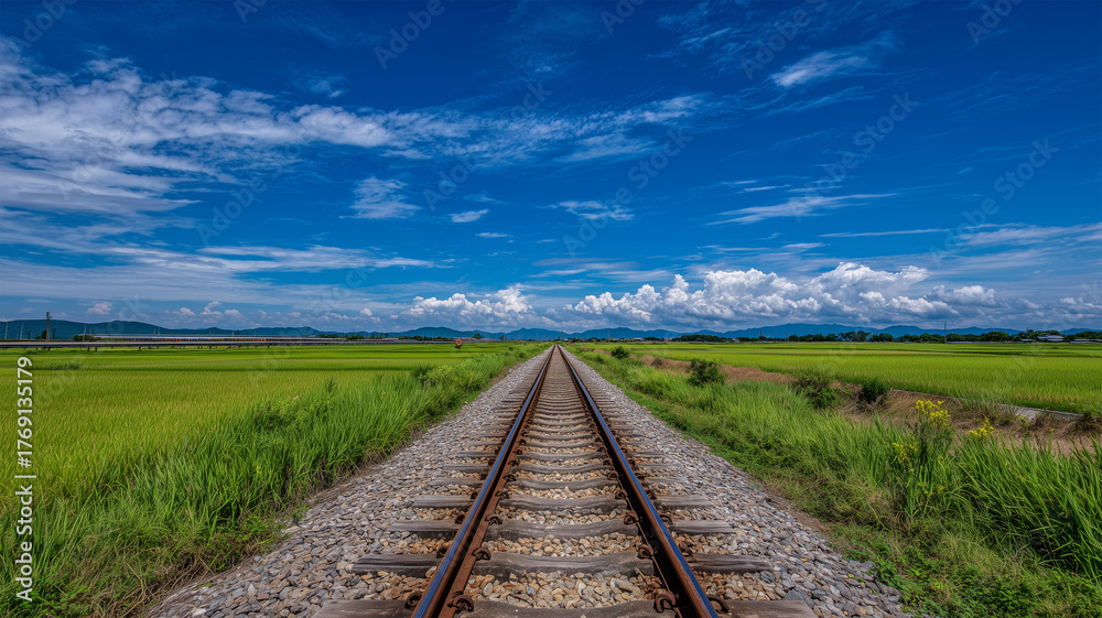 Fototapeta premium 夏の鉄道と澄んだ空のパースペクティブの情景描写
