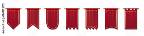 Medieval red pennant flags set isolated on white background. Vector realistic illustration of antique textile banners with golden frames, royal sign mockups of different shape, game design elements