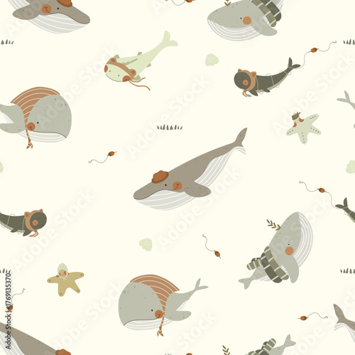 Hand drawn cute whale, fish an starfish, seamless pattern. Vector illustrationwith whales for kids.