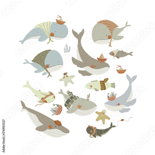 Hand drawn set with cute cartoon whales, fish, starfish, seaweed on white background. Vector illustration with sea animals.