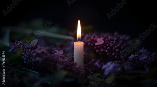 Single Burning Candle Among Purple Flowers