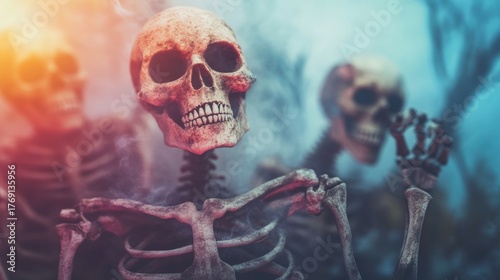 Skeleton figures surrounded by mist in a spooky landscape during Halloween night