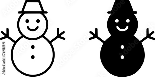 Minimalist icon, snowman vector, black and white, outline and silhouette