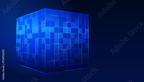 Blue cube with a square grid pattern and glowing lines on its faces, against a dark blue background. The futuristic and digital aesthetic suggests technology, data, blockchain and virtual reality.