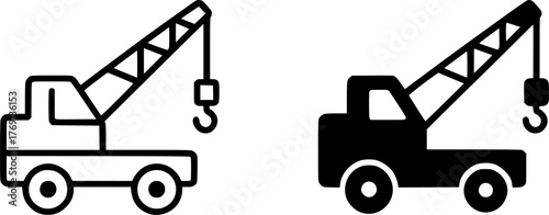 Minimalist icon, tow truck (crane) vector, black and white, outline and silhouette