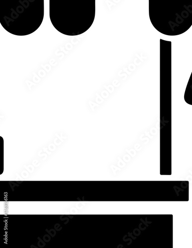 Simple black and white icon of a person standing next to a market stall with products