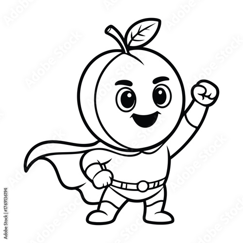 Cute superhero peach character comic style cartoon with cape and mask ready for action