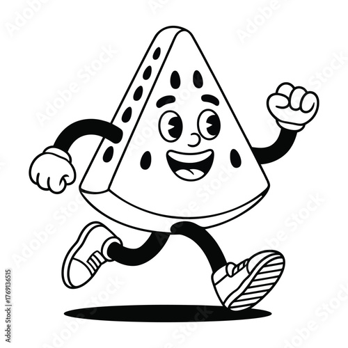 Cartoon watermelon slice character running with a happy face and limbs in a retro style