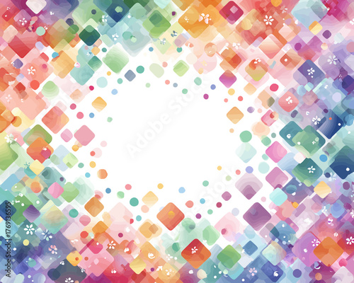 Fundo abstrato com textura de aquarela em tons pastel, quadrados e círculos coloridos, vetor