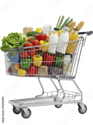 Full grocery shopping cart loaded with fresh produce and household items on a transparent background, PNG image