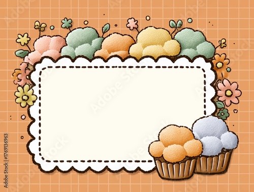 Quadro de convite com cupcakes e flores em aquarela para festas e celebrações infantis, vetor.