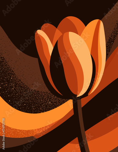 Tulipa laranja estilizada com fundo abstrato em tons terrosos e textura granulada, arte vetorial moderna.