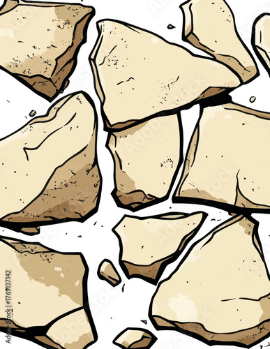 Ilustração vetorial de pedras irregulares e fragmentos de rocha em tons de bege, com contornos escuros.