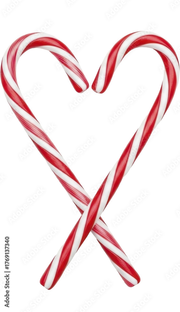 Fototapeta premium Two red and white striped candy canes forming a heart shape on a transparent background, PNG image