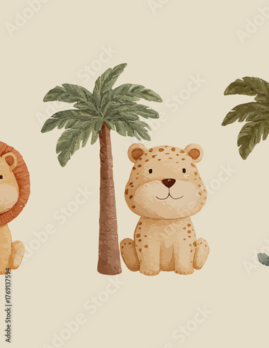 Ilustração vetorial de animais fofos em aquarela, leão e leopardo, com palmeiras em estilo infantil.