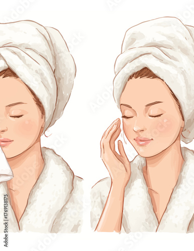 Mulher com toalha na cabeça limpando o rosto com algodão em um ritual de beleza