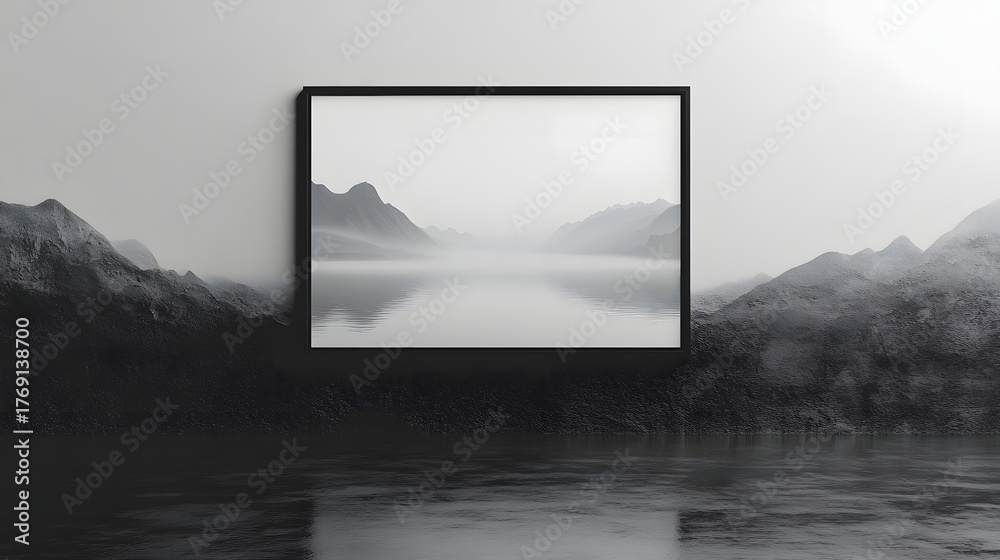 Fototapeta premium Breathtaking misty mountainous landscape reflected in the calm serene waters of a remote alpine lake creating a tranquil meditative atmosphere of natural beauty and solitude