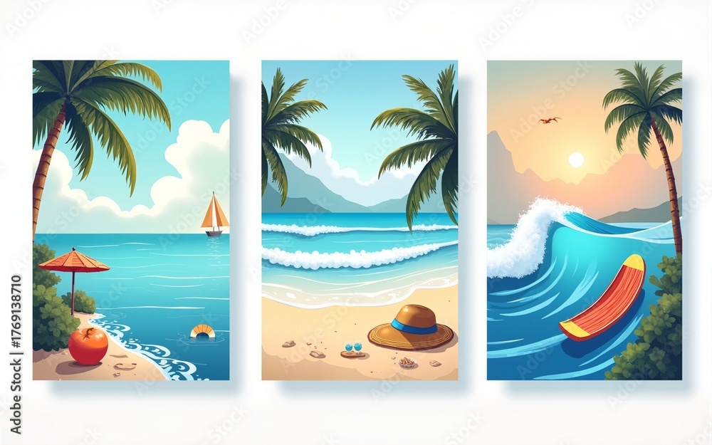 Obraz premium Set of summer travel fliers with beach items and wave. Vector illustration. High quality