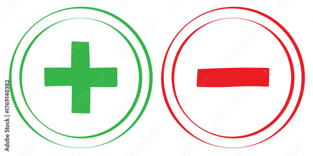 Obraz premium Red & green plus minus icon. Plus and minus vector icon, plus-minus math sign, positive and negative symbol, colorful addition and subtraction sign. Plus sign and minus symbol icons in circle shape.