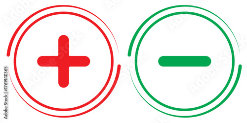 Red & green plus minus icon. Plus and minus vector icon, plus-minus math sign, positive and negative symbol, colorful addition and subtraction sign. Plus sign and minus symbol icons in circle shape.